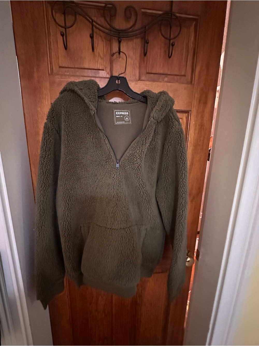 Express Olive Green Teddy Sherpa Half-Zip Hoodie